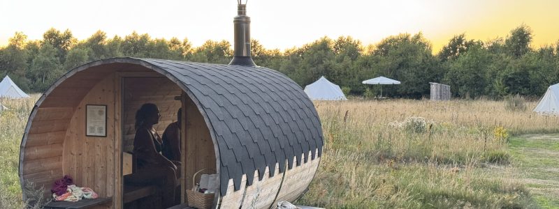 Glamping Skovgaardsminde. Sauna gus. Sauna og solnedgang.